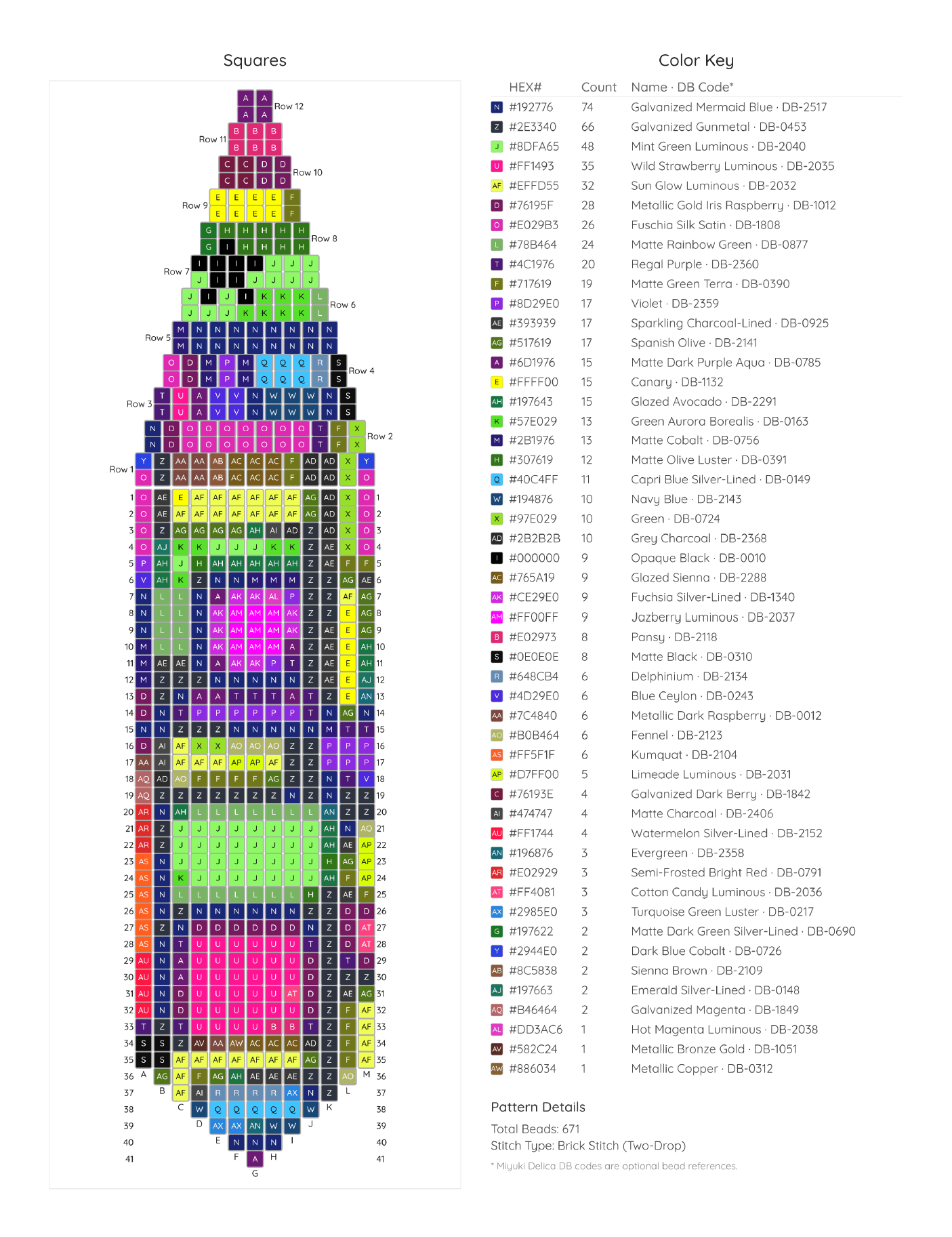 Exported pattern chart with color key and bead counts