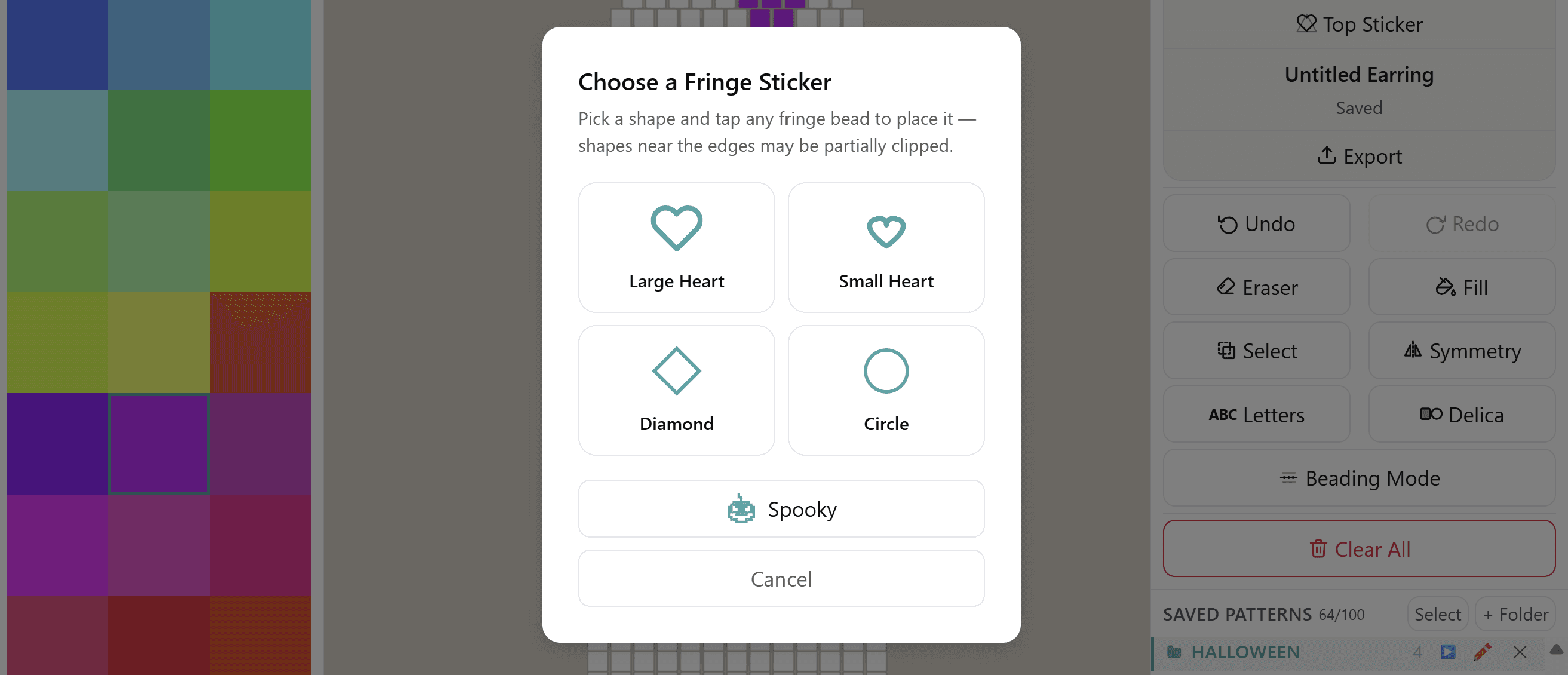 Choose a fringe sticker dialog with heart, diamond, circle and Spooky options