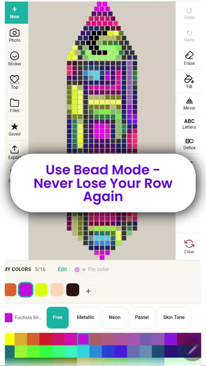 Beading Mode highlighting one row, then one fringe strand, of an earring pattern, followed by the exported PDF with its color key and word chart.