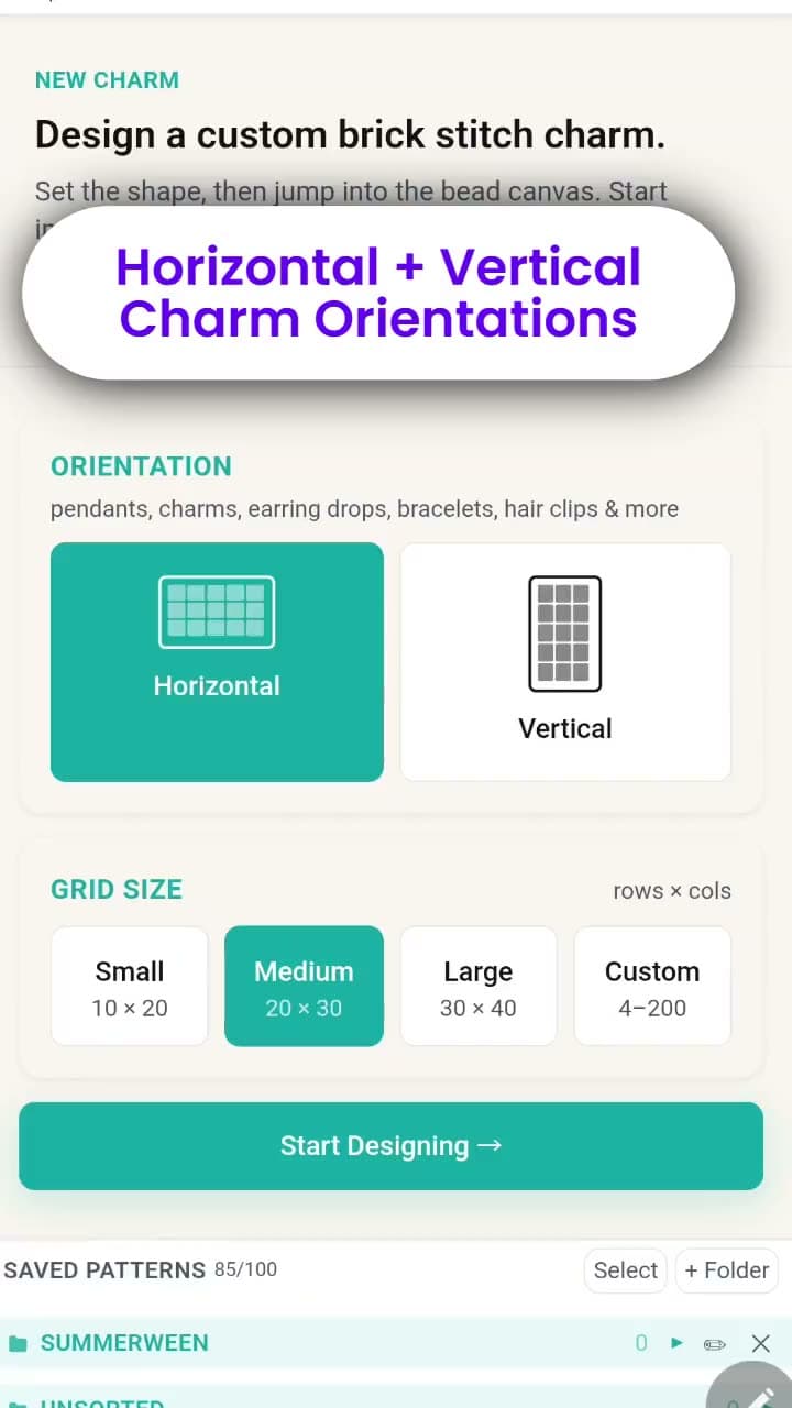 Setting up a new charm in BeadFringeLab: choosing horizontal or vertical orientation and a grid size, then designing on the bead canvas.