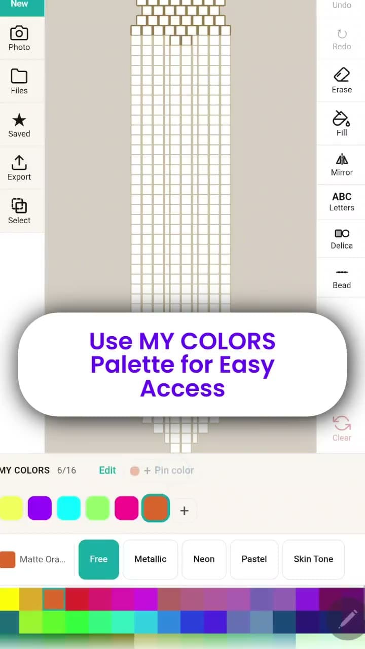 Switching between the Free, Metallic, Neon, Pastel and Skin Tone palettes, pinning colors to My Colors, adding a custom HEX color and deleting colors in Edit mode.