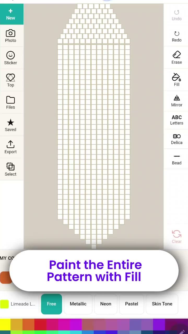 Filling a fringe earring pattern with one color, painting with Symmetry on, turning on ABC letters, switching to round seed beads, and copying and pasting a motif.