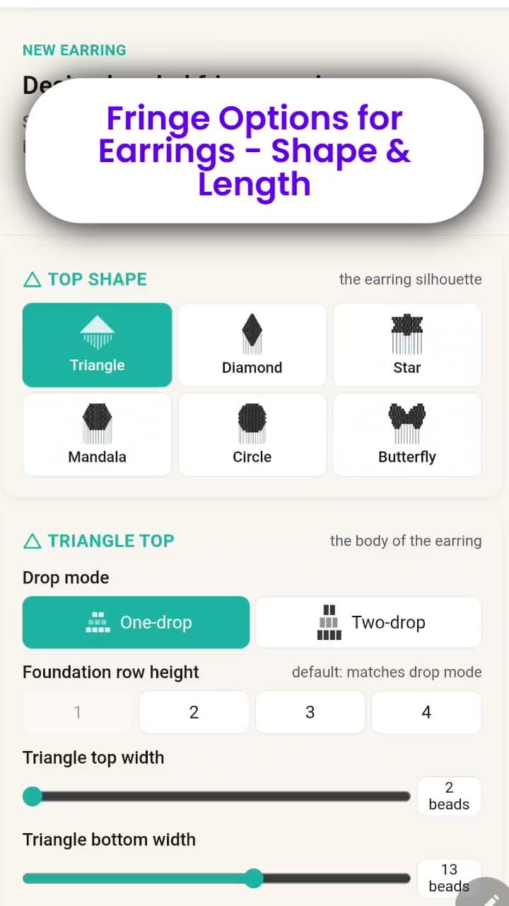Choosing rectangular and diagonal fringe shapes and short, medium, long and custom fringe lengths for a fringe earring pattern.