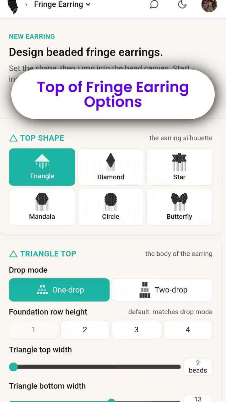 Choosing a top shape for a fringe earring in BeadFringeLab, then setting drop mode, foundation row height and row widths.