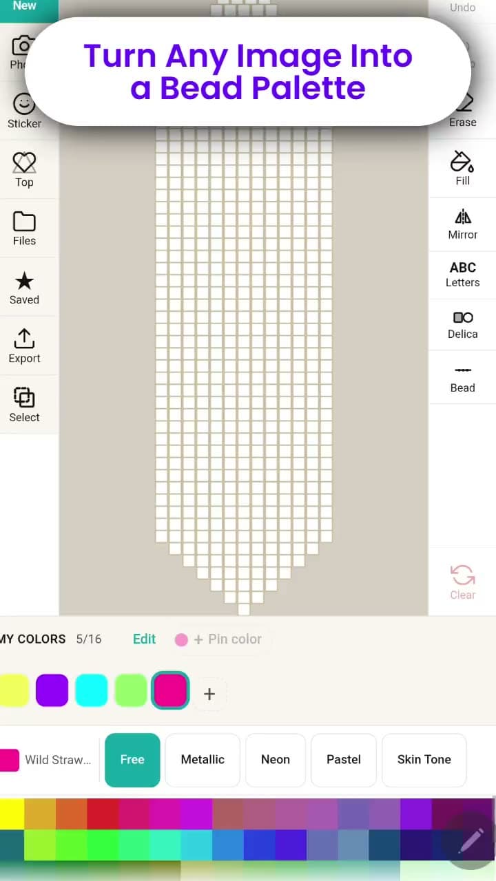 Uploading a photo in BeadFringeLab, fitting it over a fringe earring pattern, and watching its colors fill the bead grid.