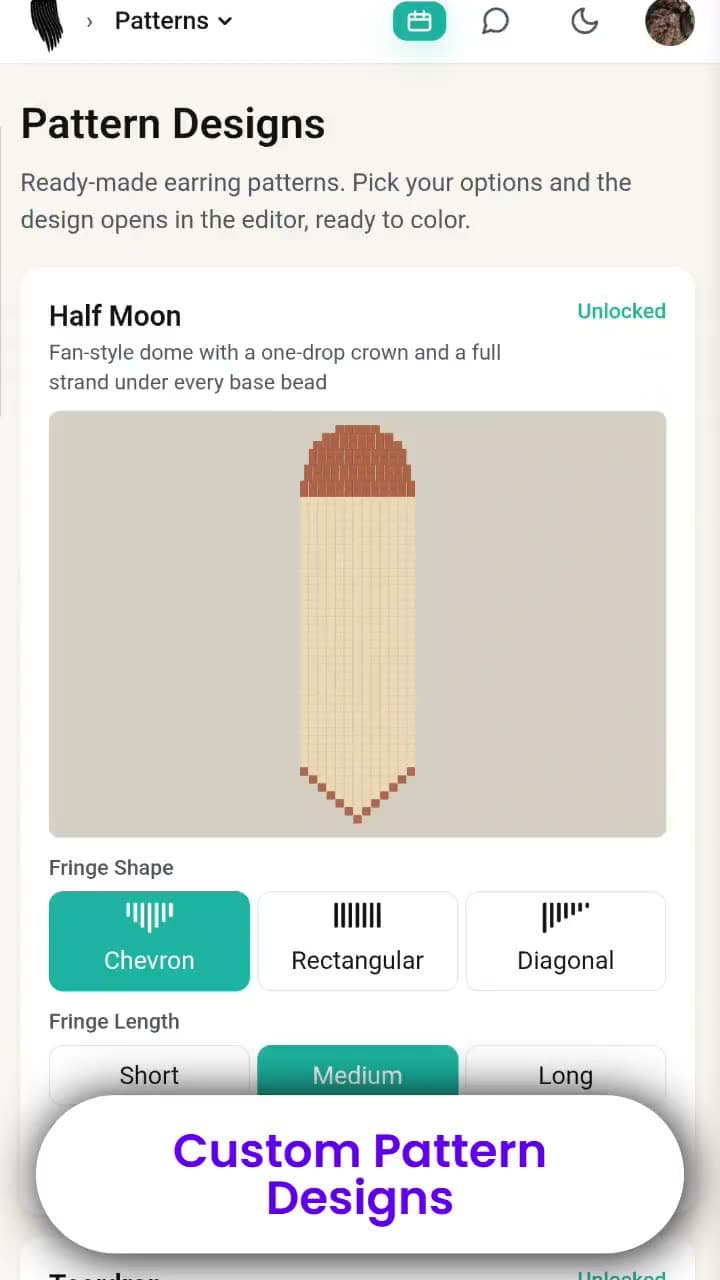 Scrolling the Pattern Designs page — Half Moon, Teardrop, Eagle and Flower — and choosing a fringe shape and length before opening one in the editor.