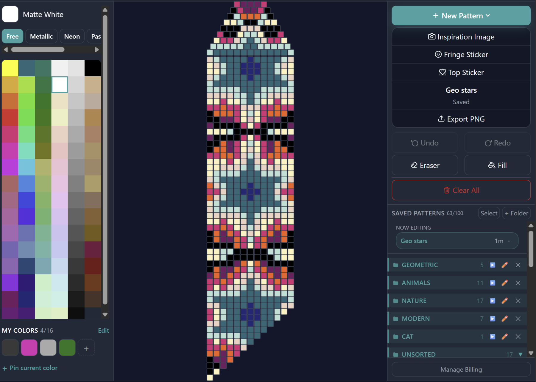 BeadFringeLab editor with a fringe earring pattern being painted on the brick-offset grid